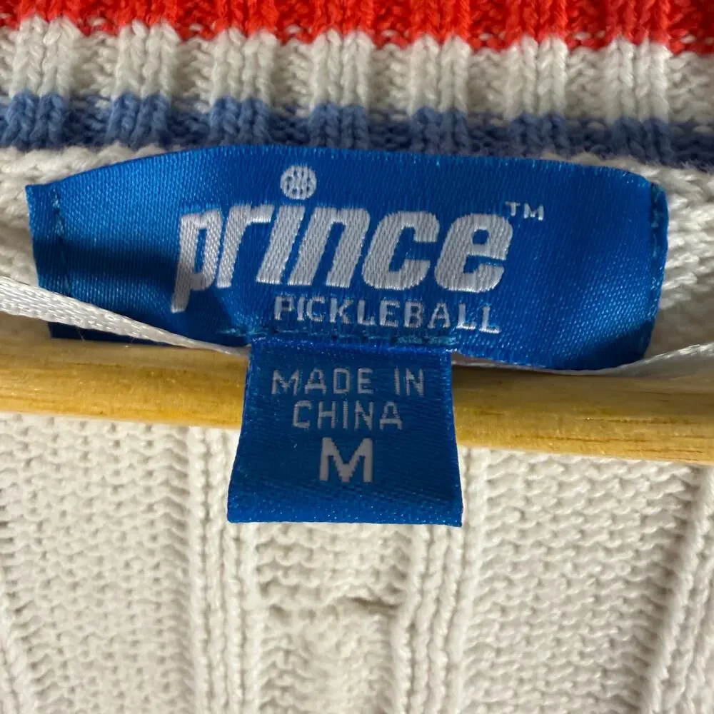 Prince Pickleball Cable Knit Cardigan Med Cream V-Neck Button Front Striped Trim